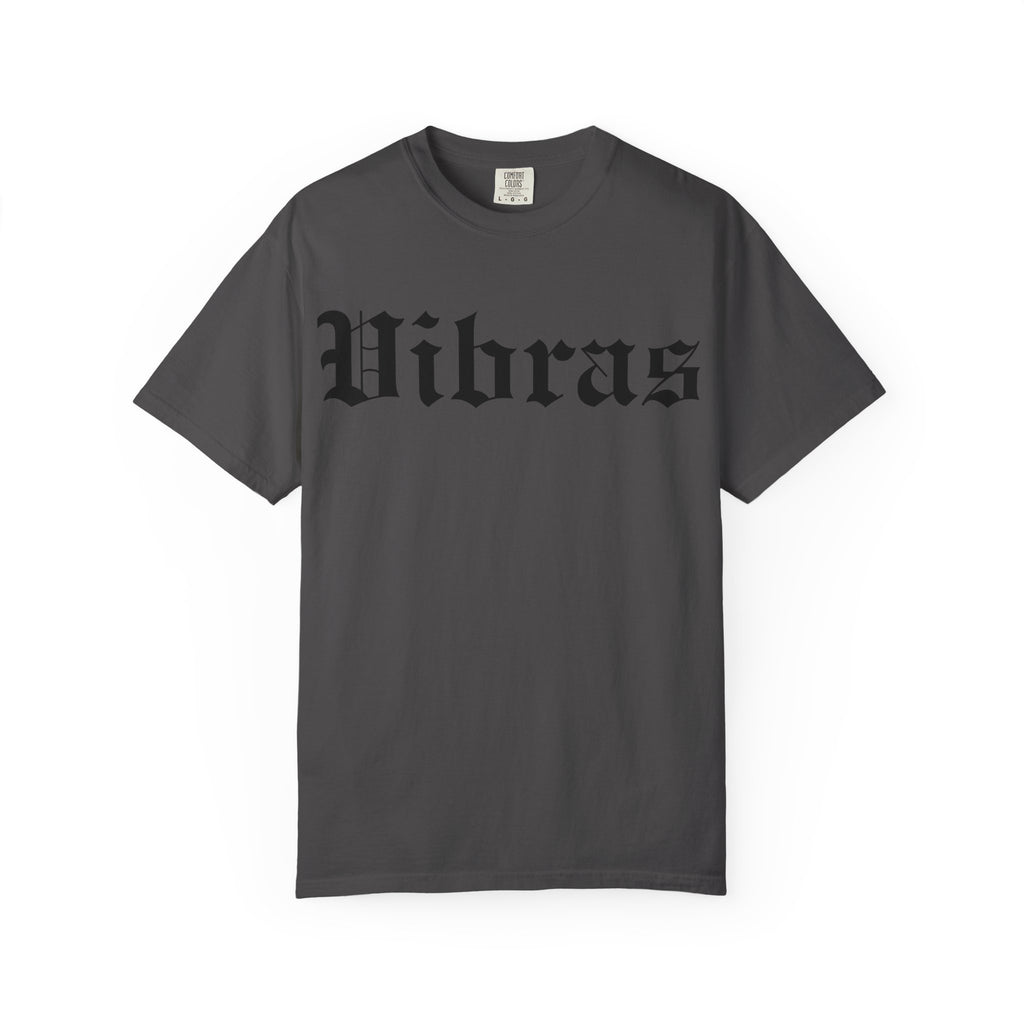 Vibras Gothic Script T-Shirt | Vintage Black Graphic Tee Printify